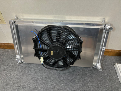 USED (NEW) CUSTOM DUAL PASS RADIATOR- W/ SHROUD AND FAN 13.75X26.75