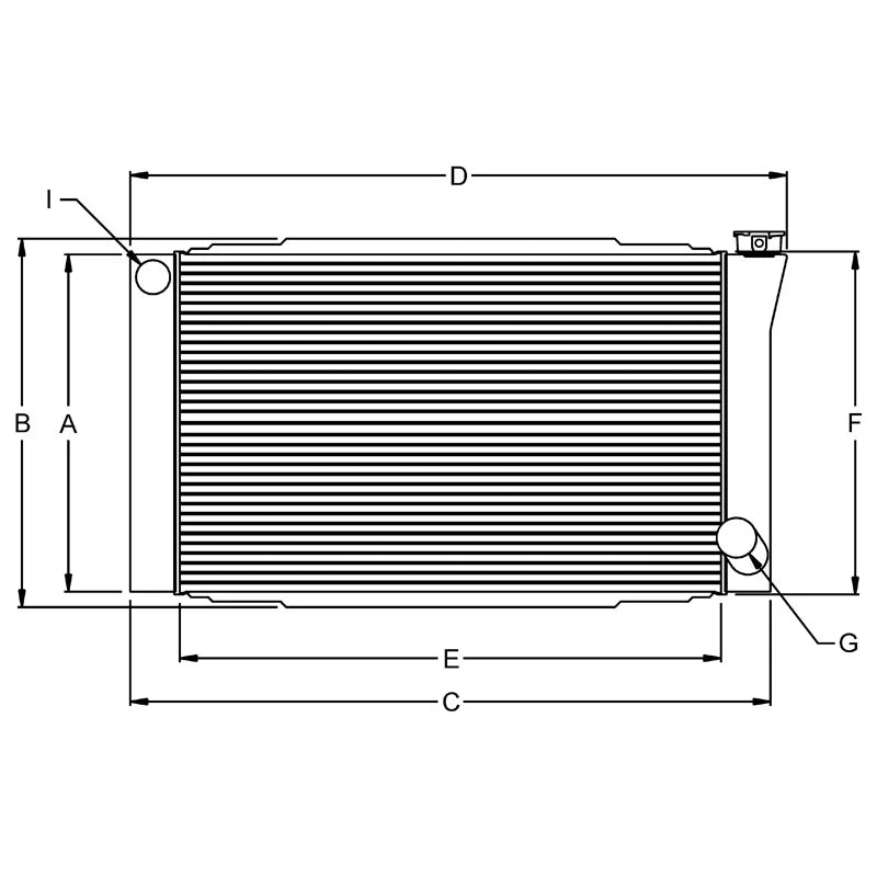 USED (NEW) RADIATOR W/ (2) 1/2 BUNGS UNDER UPPER, STRAIGHT UPPER, 19X28 CHEVY, NO FILLER